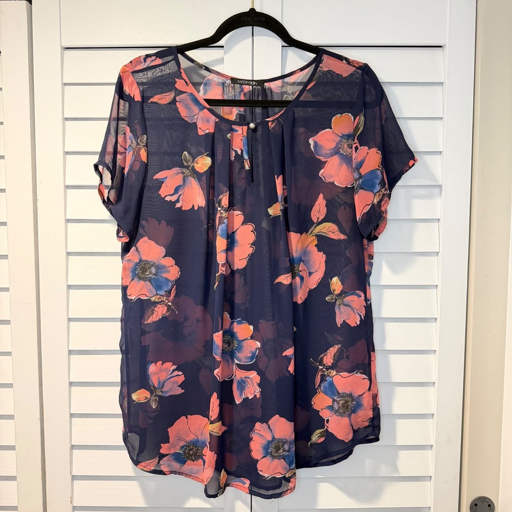 Papermoon Floral Sheer‎ Blouse XXL Navy Blue Coral Poppy Pleated Keyhole Top